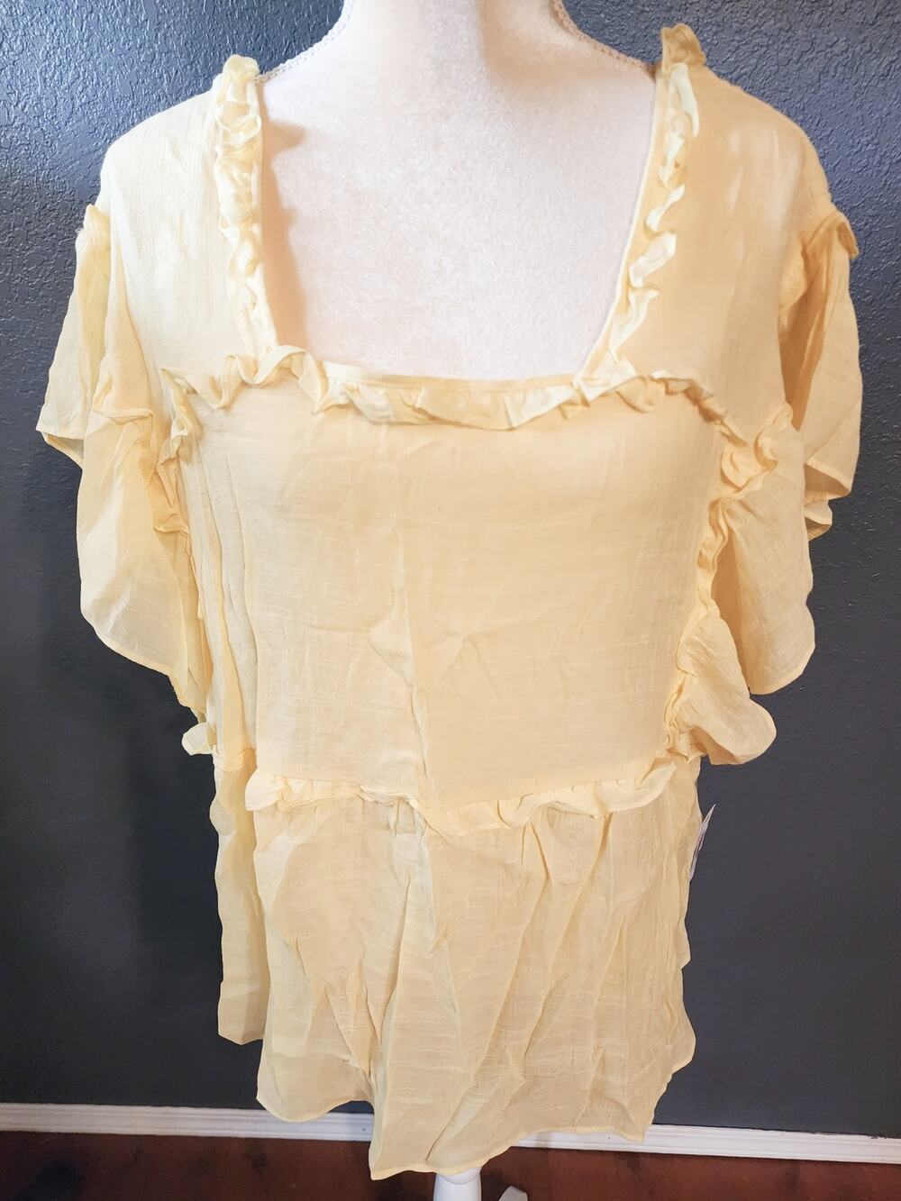 Zac & Rachel Lemon Meringue Flowy Flutter Short Ruffle Trim Sleeve Blouse 1x New